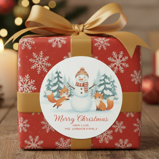 Pegatina Redonda Cute Foxes and Snowman Merry Christmas