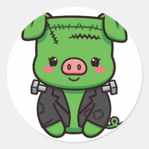 Pegatina Redonda Cute Frankenstein Pig Halloween