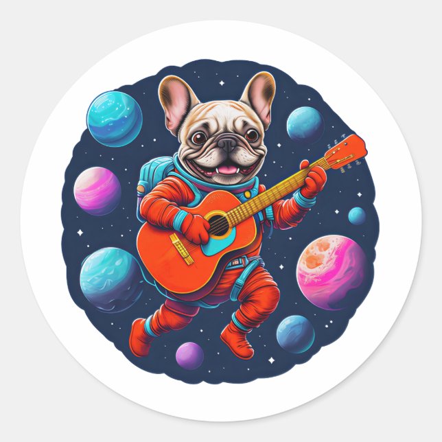 Pegatina Redonda Cute French Bulldog Astronaut Playing Guitar – Fun (Anverso)