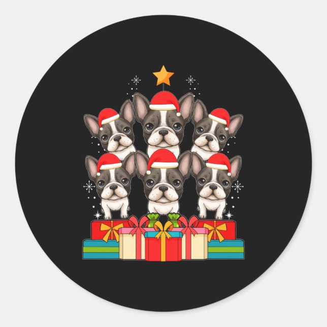 Pegatina Redonda Cute French Bulldog Le Frenchie Christmas Tree Xma (Anverso)
