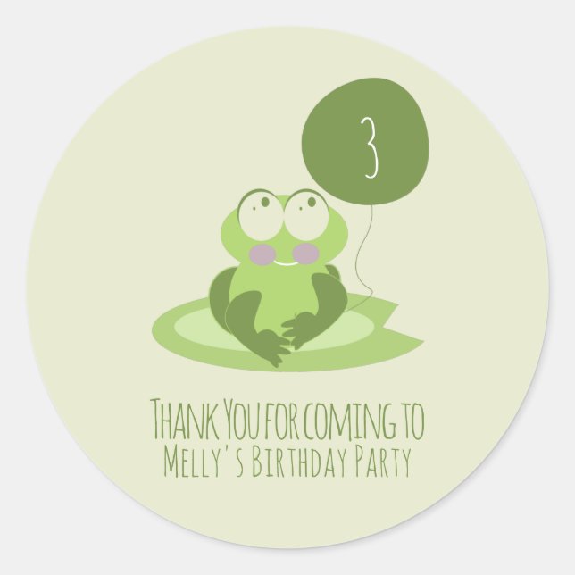Pegatina Redonda Cute Frog Birday Green Balloon Gracias (Anverso)