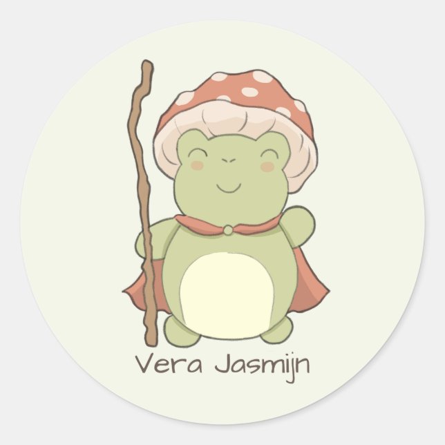 Pegatina Redonda Cute frog with mushroom hat | personalised name (Anverso)
