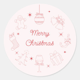 Pegatina Redonda Cute Fun Pink Red Hand Drawn Christmas