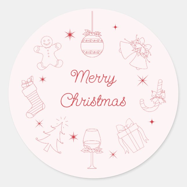 Pegatina Redonda Cute Fun Pink Red Hand Drawn Christmas (Anverso)