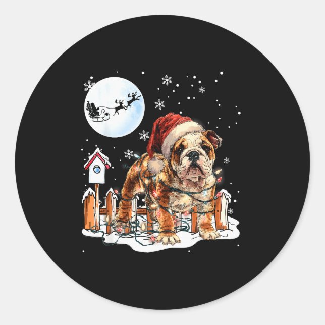 Pegatina Redonda Cute Funny English Bulldog Christmas Lights Santa  (Anverso)