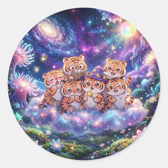 Pegatina Redonda Cute Galaxy Tiger Friends Sticker (Anverso)