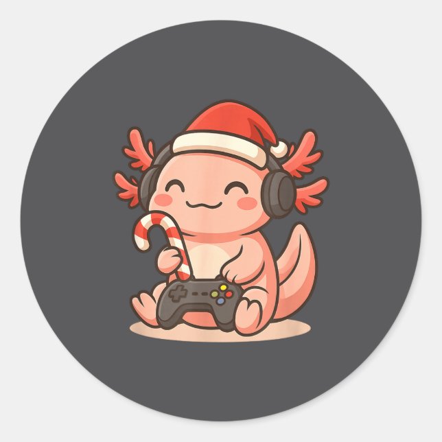 Pegatina Redonda Cute Gamer Axolotl Christmas Design  (Anverso)