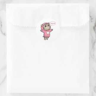 Pegatina Redonda Cute Gatito Abrázame Sudadera Rosa Corazón Pegatin