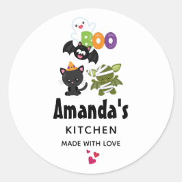 Pegatina Redonda Cute gato, murciélago, cocina fantasma y momia