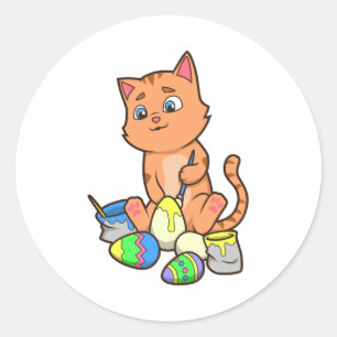 Pegatina Redonda Cute gato Pintando Huevos De Pascua En Día De Pasc