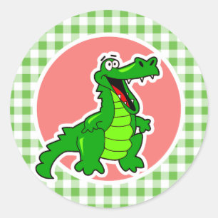 Pegatina Redonda Cute Gator; Green Gingham