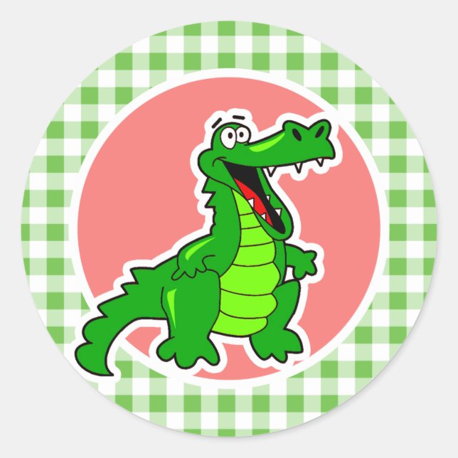 Pegatina Redonda Cute Gator; Green Gingham (Anverso)