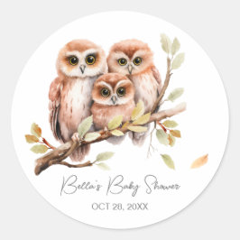 Pegatina Redonda Cute Gender Neutral Owl Baby Shower