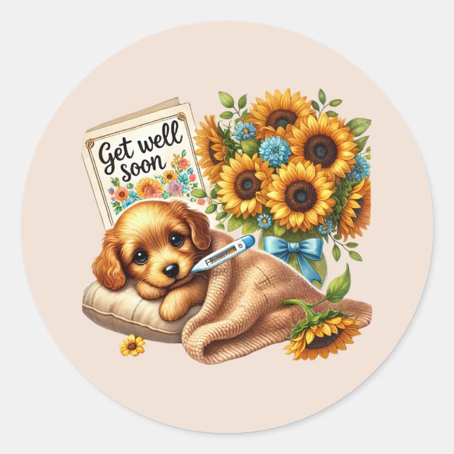 Pegatina Redonda Cute get well soon puppy  (Anverso)