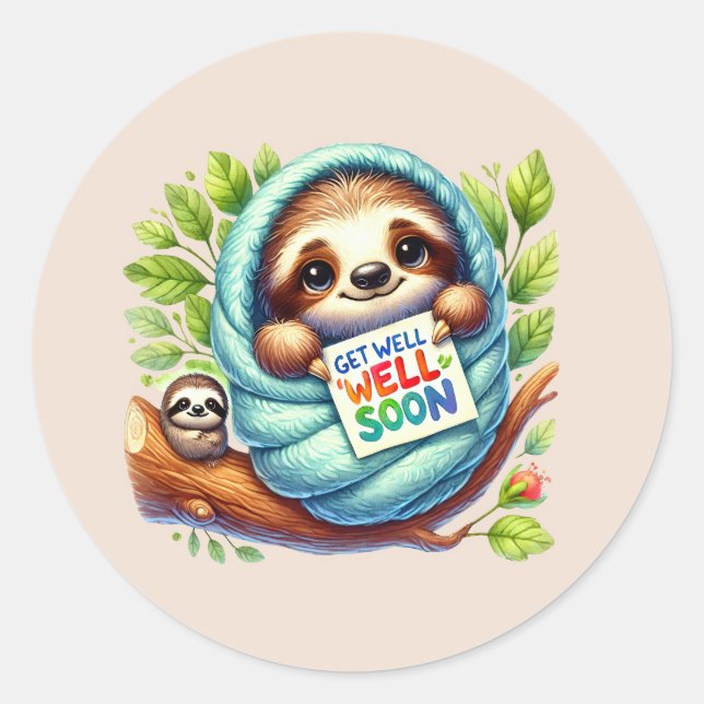 Pegatina Redonda Cute get well soon sloth (Anverso)