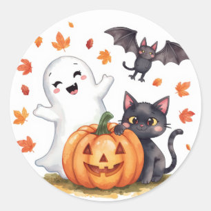 Pegatina Redonda Cute Ghost, Black Cat, Bat Hoja de Stickers