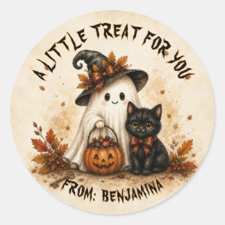 Pegatina Redonda Cute Ghost Black Cat Halloween Treat Favor