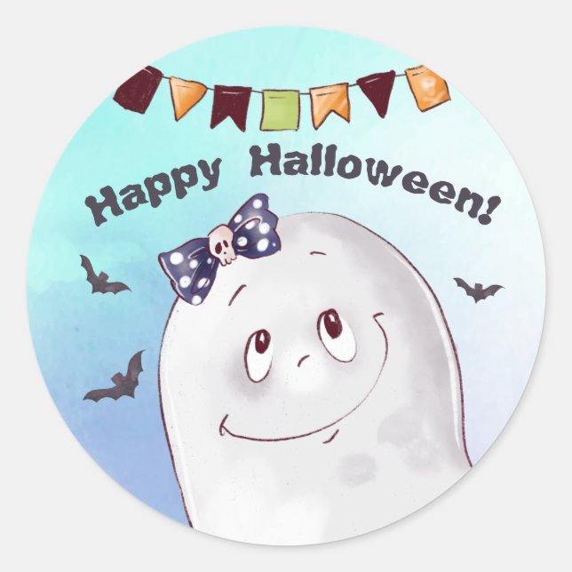 Pegatina Redonda Cute Ghost Feliz Halloween  (Anverso)