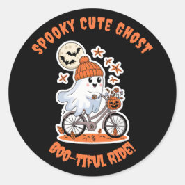 Pegatina Redonda Cute Ghost Halloween - Adorable Biking Ghost