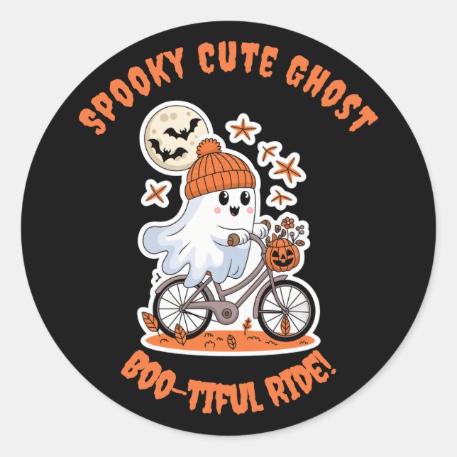 Pegatina Redonda Cute Ghost Halloween - Adorable Biking Ghost (Anverso)