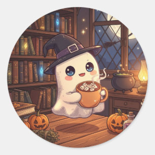 Pegatina Redonda Cute Ghost Hot Cocoa Sticker