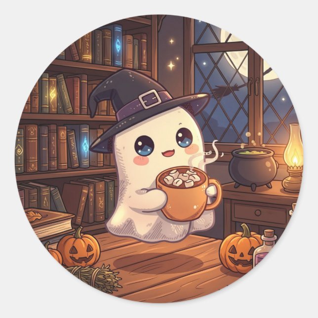 Pegatina Redonda Cute Ghost Hot Cocoa Sticker (Anverso)