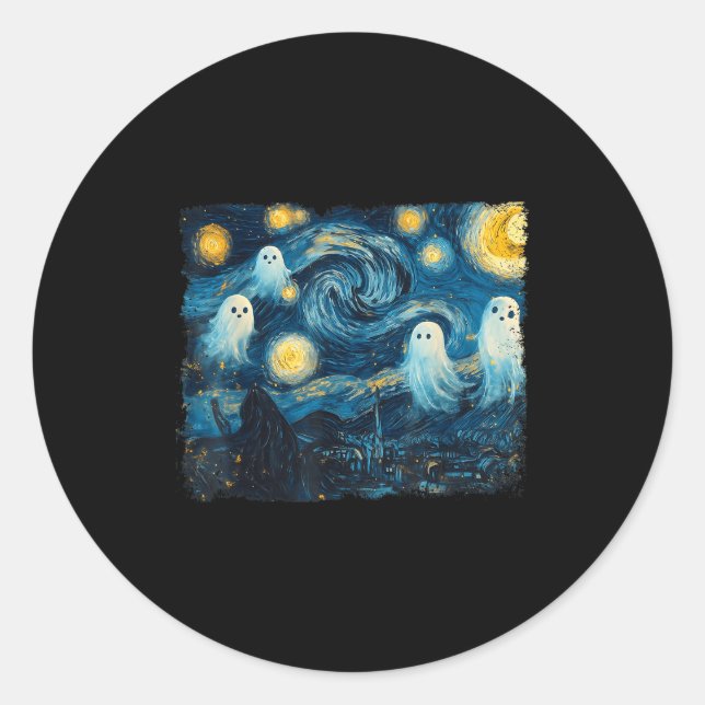 Pegatina Redonda Cute Ghost Starry Night Halloween Soky Retro Van G (Anverso)