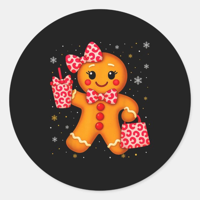 Pegatina Redonda Cute Gingerbread Leopard Bow Christmas Xmas Girl W (Anverso)