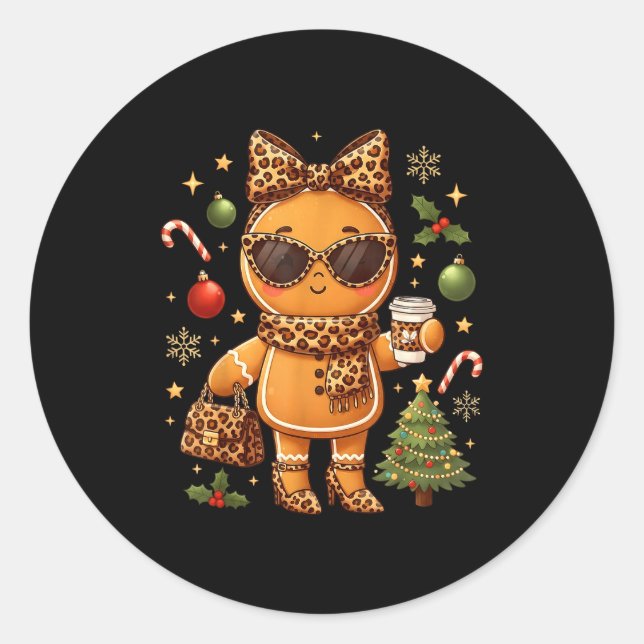 Pegatina Redonda Cute Gingerbread Leopard Christmas Xmas Girl Women (Anverso)