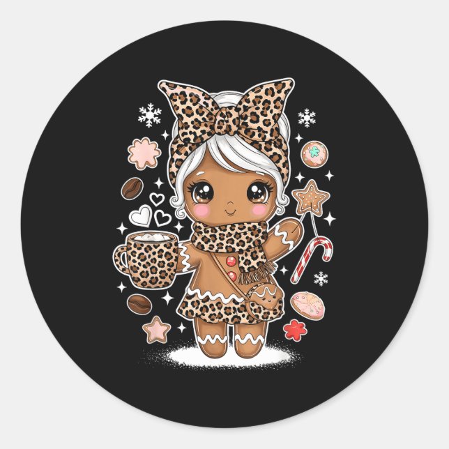 Pegatina Redonda Cute Gingerbread Leopard Christmas Xmas Girl Women (Anverso)
