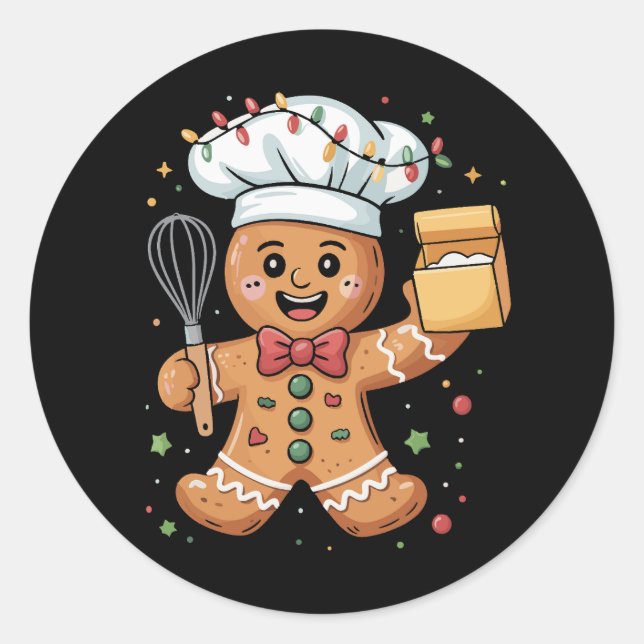 Pegatina Redonda Cute Gingerbread Man Baker Navidades Chef Bake (Anverso)