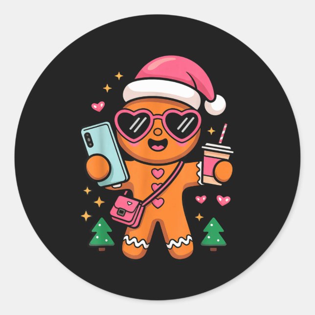 Pegatina Redonda Cute Gingerbread Taking Selfie Christmas Pajama To (Anverso)