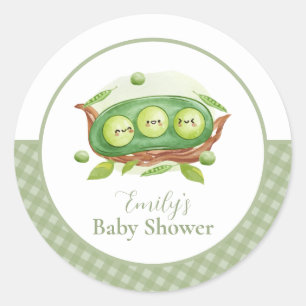 Pegatina Redonda Cute Gingham Greenery Sweet Pea En Pod Baby Shower