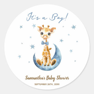 Pegatina Redonda Cute Giraffe Baby Shower Favor Gracias Blue Boy