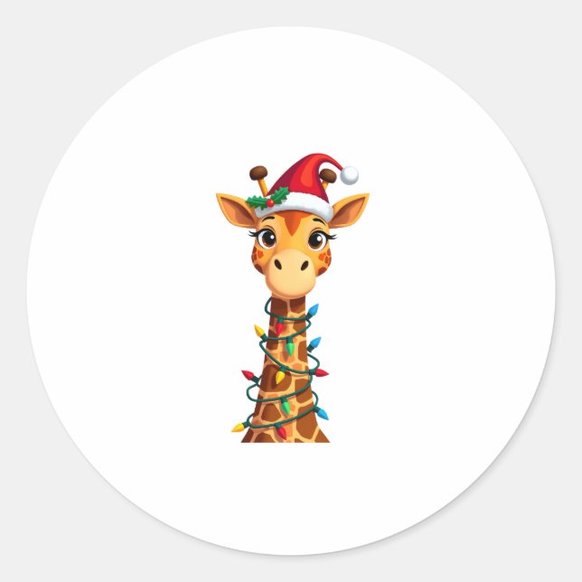 Pegatina Redonda Cute Giraffe Christmas Lights Santa Hat Xmas Pajam (Anverso)