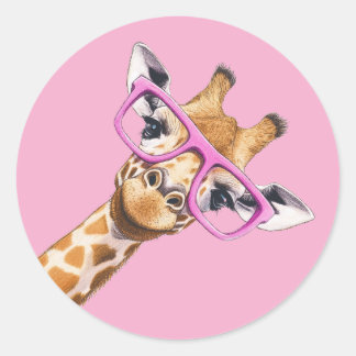 Pegatina Redonda Cute Giraffe with Pink Glasses Aesthetic Sticker