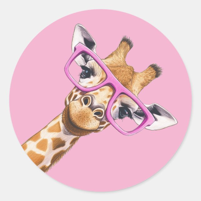 Pegatina Redonda Cute Giraffe with Pink Glasses Aesthetic Sticker (Anverso)