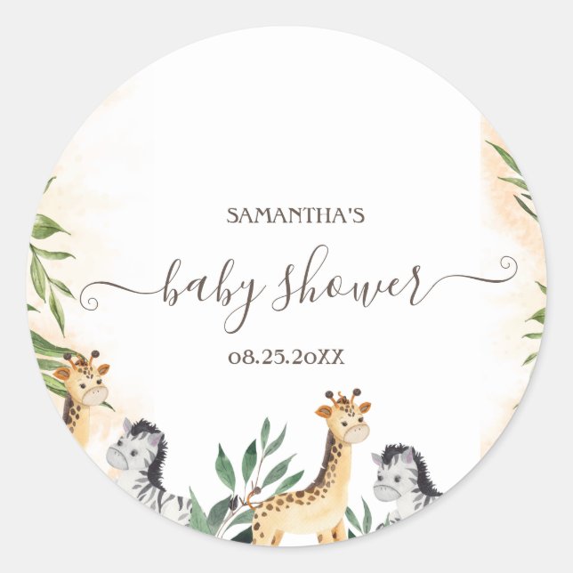 Pegatina Redonda Cute Giraffe, Zebra deja Baby Shower (Anverso)