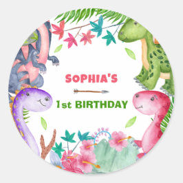 Pegatina Redonda Cute Girl Dinosaur 1st Birthday Party