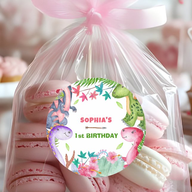 Pegatina Redonda Cute Girl Dinosaur 1st Birthday Party (Subido por el creador)