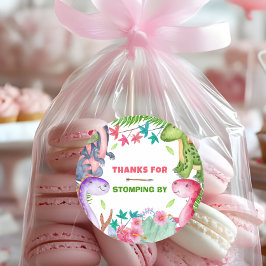 Pegatina Redonda Cute Girl Dinosaur 1st Birthday Party Thank you