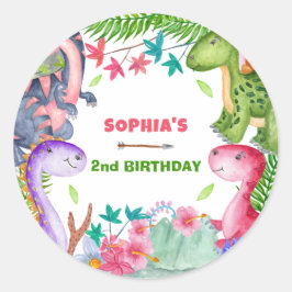 Pegatina Redonda Cute Girl Dinosaur 2nd Birthday Party