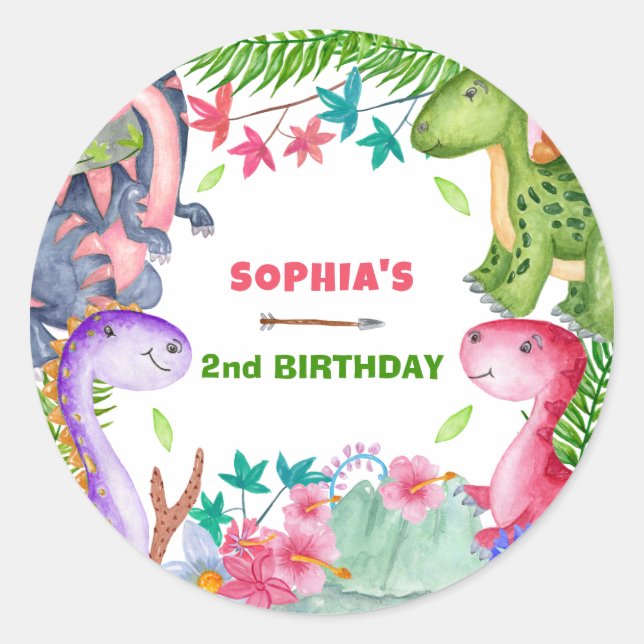 Pegatina Redonda Cute Girl Dinosaur 2nd Birthday Party (Anverso)