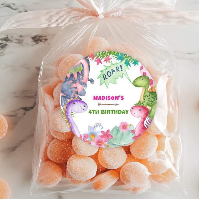 Pegatina Redonda Cute Girl Dinosaur 4th Birthday Party (Subido por el creador)