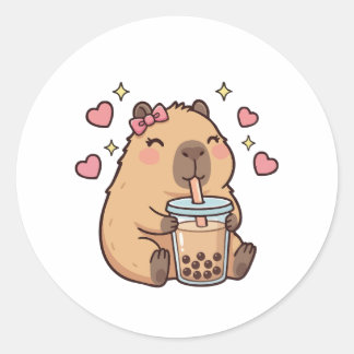 Pegatina Redonda Cute Girls Capybara Ramen Kawaii Tea Kawaii Capy 
