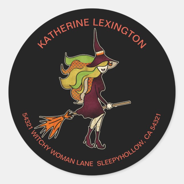 Pegatina Redonda Cute Girly Halloween Witch Broomstick Dirección (Anverso)