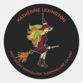 Pegatina Redonda Cute Girly Halloween Witch Broomstick Dirección