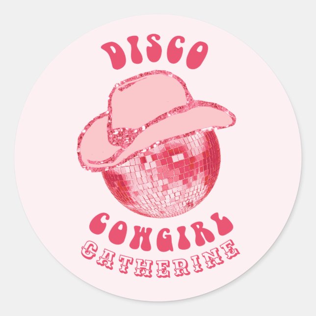 Pegatina Redonda Cute Girly Pink Disco Cowgirl Nombre (Anverso)