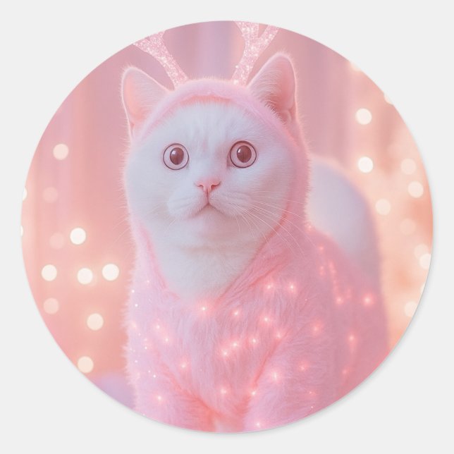 Pegatina Redonda Cute Glowing Reindeer Kitty Winter Fantasy         (Anverso)