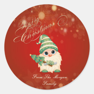 Pegatina Redonda Cute Gnome árbol de pino rojo Navidad